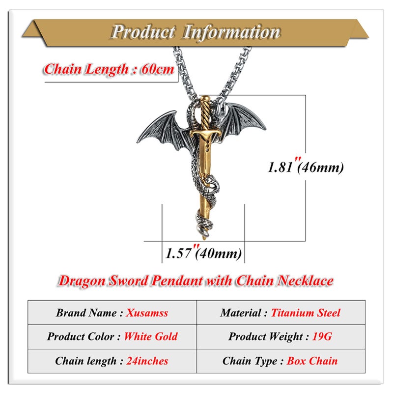 Xusamss Punk Titanium Steel Dragon Sword Wing Pendant Necklaces (White Gold) - Image 2